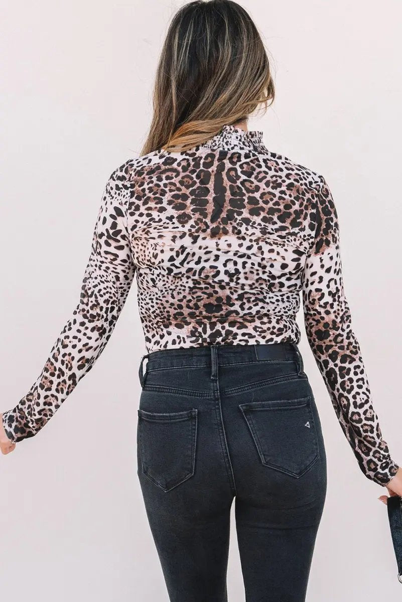 Brown Leopard Smocked Neck Mesh Long Sleeve Bodysuit - Love Salve